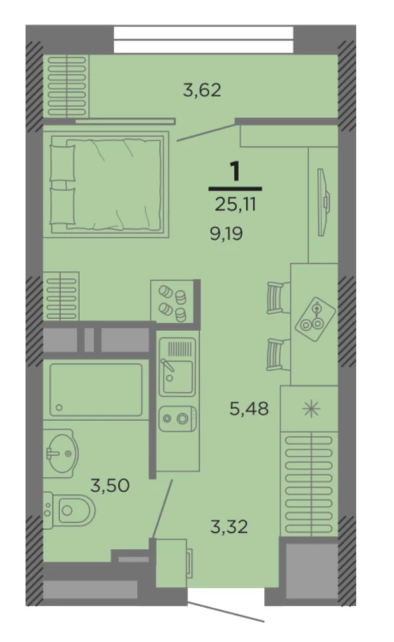Однокомнатная квартира площадью 23.3м2